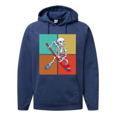 Skeleton Ice Hockey Halloween Hockey Gift Performance Fleece Hoodie