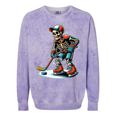 Skeleton Ice Hockey Halloween Pumpkin Hockey Funny Gift Colorblast Crewneck Sweatshirt