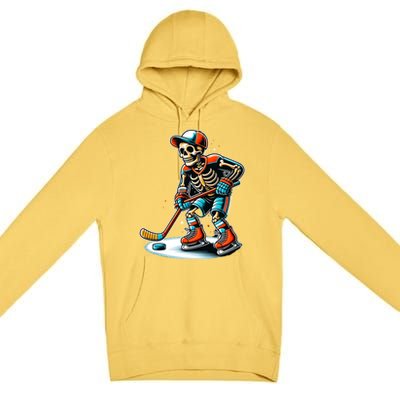 Skeleton Ice Hockey Halloween Pumpkin Hockey Funny Gift Premium Pullover Hoodie