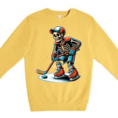 Skeleton Ice Hockey Halloween Pumpkin Hockey Funny Gift Premium Crewneck Sweatshirt