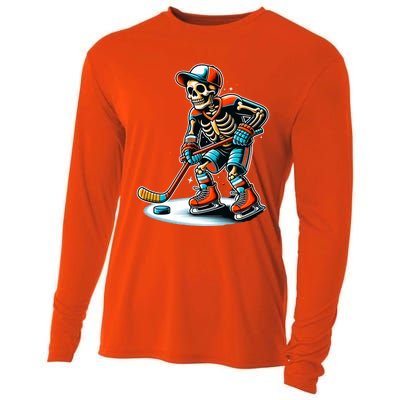 Skeleton Ice Hockey Halloween Pumpkin Hockey Funny Gift Cooling Performance Long Sleeve Crew