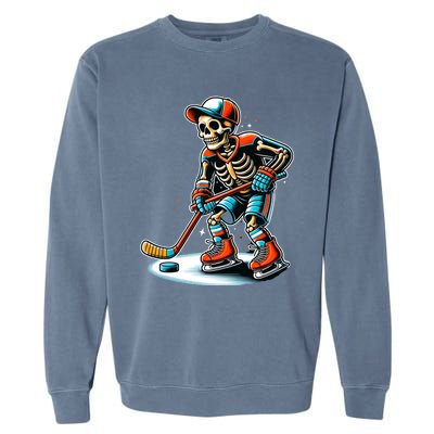 Skeleton Ice Hockey Halloween Pumpkin Hockey Funny Gift Garment-Dyed Sweatshirt