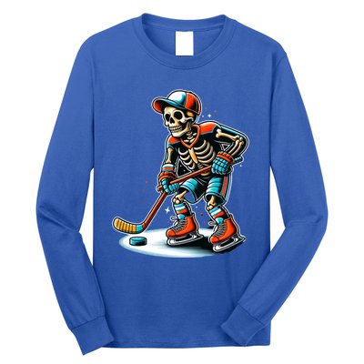 Skeleton Ice Hockey Halloween Pumpkin Hockey Funny Gift Long Sleeve Shirt