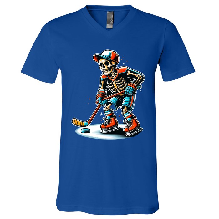 Skeleton Ice Hockey Halloween Pumpkin Hockey Funny Gift V-Neck T-Shirt