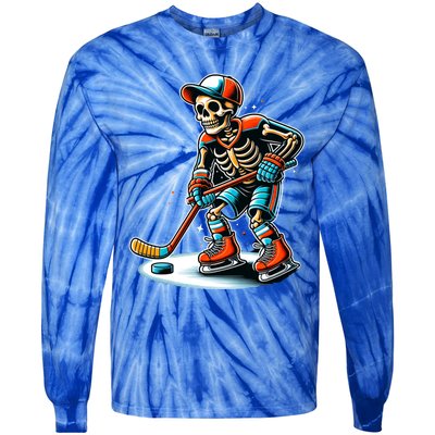 Skeleton Ice Hockey Halloween Pumpkin Hockey Funny Gift Tie-Dye Long Sleeve Shirt