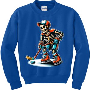 Skeleton Ice Hockey Halloween Pumpkin Hockey Funny Gift Kids Sweatshirt