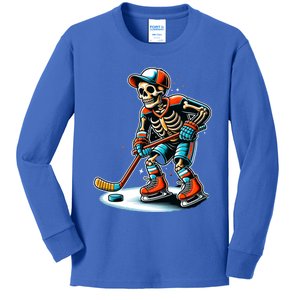 Skeleton Ice Hockey Halloween Pumpkin Hockey Funny Gift Kids Long Sleeve Shirt