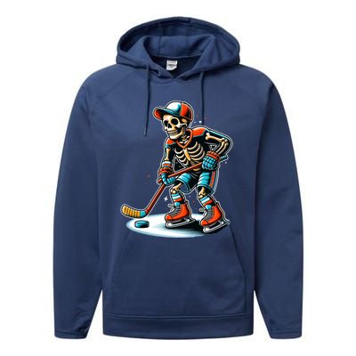 Skeleton Ice Hockey Halloween Pumpkin Hockey Funny Gift Performance Fleece Hoodie