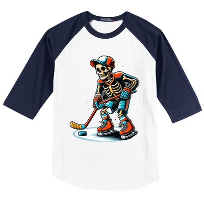 Skeleton Ice Hockey Halloween Pumpkin Hockey Funny Gift Baseball Sleeve Shirt