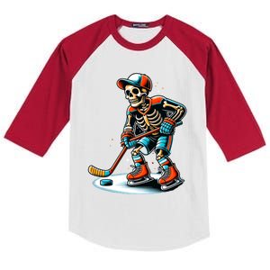 Skeleton Ice Hockey Halloween Pumpkin Hockey Funny Gift Kids Colorblock Raglan Jersey