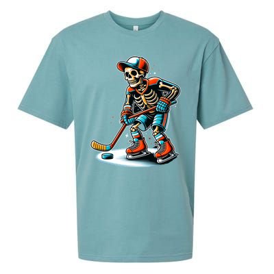 Skeleton Ice Hockey Halloween Pumpkin Hockey Funny Gift Sueded Cloud Jersey T-Shirt