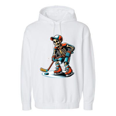 Skeleton Ice Hockey Halloween Pumpkin Hockey Funny Gift Garment-Dyed Fleece Hoodie