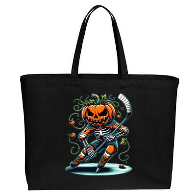 Skeleton Ice Hockey Halloween Pumpkin Hockey Gift Cotton Canvas Jumbo Tote