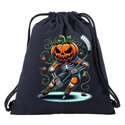 Skeleton Ice Hockey Halloween Pumpkin Hockey Gift Drawstring Bag