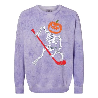 Skeleton Ice Hockey Halloween Pumpkin Hockey Boy Colorblast Crewneck Sweatshirt