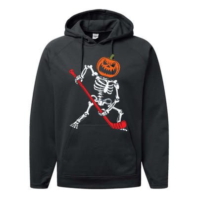 Skeleton Ice Hockey Halloween Pumpkin Hockey Boy Performance Fleece Hoodie