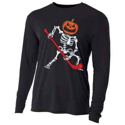 Skeleton Ice Hockey Halloween Pumpkin Hockey Boy Cooling Performance Long Sleeve Crew