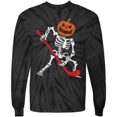 Skeleton Ice Hockey Halloween Pumpkin Hockey Boy Tie-Dye Long Sleeve Shirt