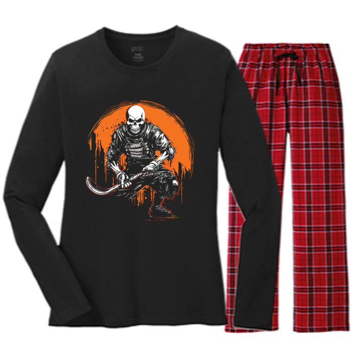 Skeleton Ice Hockey T Ee Halloween Funny Skull Gifts Graphic Women's Long Sleeve Flannel Pajama Set 