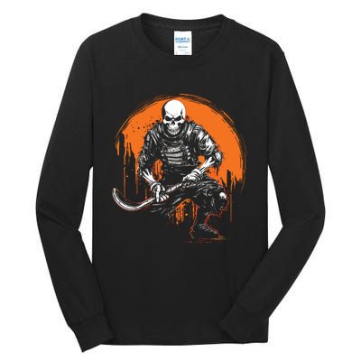 Skeleton Ice Hockey T Ee Halloween Funny Skull Gifts Graphic Tall Long Sleeve T-Shirt