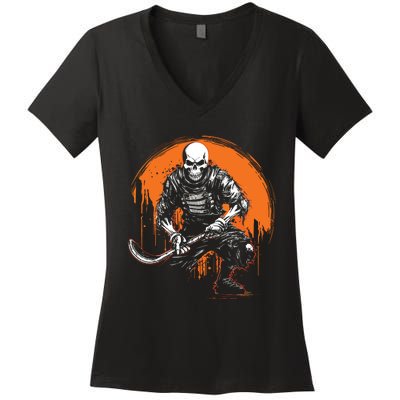 Skeleton Ice Hockey T Ee Halloween Funny Skull Gifts Graphic Women's V-Neck T-Shirt