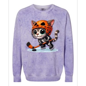 Skeleton Ice Hockey Pumpkin Cat Halloween Funny Gift Colorblast Crewneck Sweatshirt