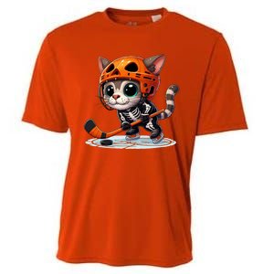 Skeleton Ice Hockey Pumpkin Cat Halloween Funny Gift Cooling Performance Crew T-Shirt