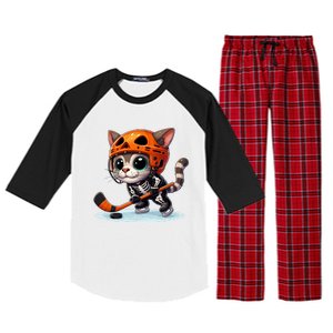 Skeleton Ice Hockey Pumpkin Cat Halloween Funny Gift Raglan Sleeve Pajama Set