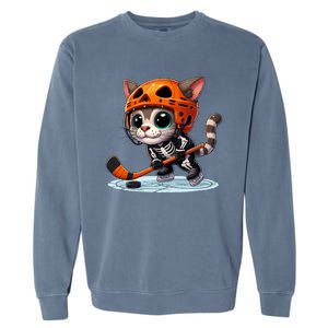 Skeleton Ice Hockey Pumpkin Cat Halloween Funny Gift Garment-Dyed Sweatshirt