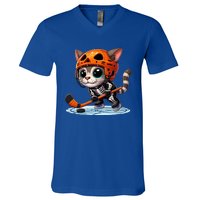 Skeleton Ice Hockey Pumpkin Cat Halloween Funny Gift V-Neck T-Shirt