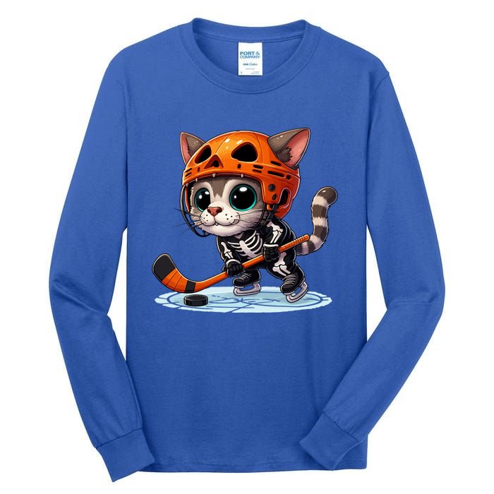 Skeleton Ice Hockey Pumpkin Cat Halloween Funny Gift Tall Long Sleeve T-Shirt