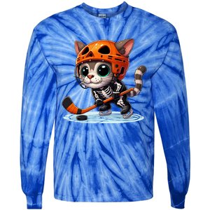 Skeleton Ice Hockey Pumpkin Cat Halloween Funny Gift Tie-Dye Long Sleeve Shirt