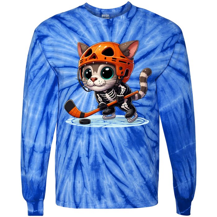 Skeleton Ice Hockey Pumpkin Cat Halloween Funny Gift Tie-Dye Long Sleeve Shirt