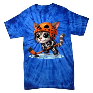 Skeleton Ice Hockey Pumpkin Cat Halloween Funny Gift Tie-Dye T-Shirt