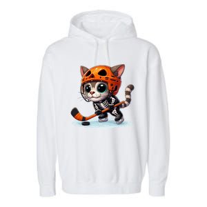 Skeleton Ice Hockey Pumpkin Cat Halloween Funny Gift Garment-Dyed Fleece Hoodie