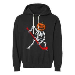 Skeleton Ice Hockey Halloween Pumpkin Hockey Garment-Dyed Fleece Hoodie