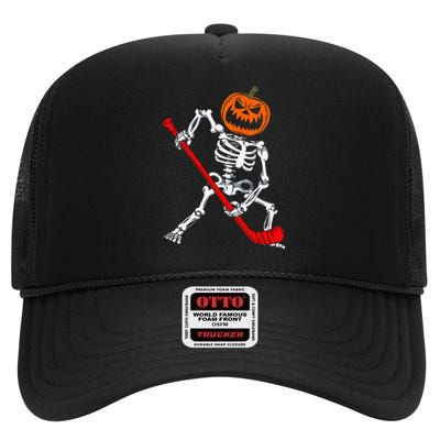 Skeleton Ice Hockey Halloween Pumpkin Hockey High Crown Mesh Back Trucker Hat