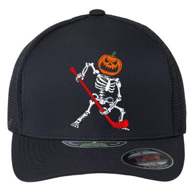 Skeleton Ice Hockey Halloween Pumpkin Hockey Flexfit Unipanel Trucker Cap