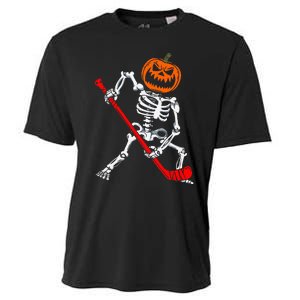 Skeleton Ice Hockey Halloween Pumpkin Hockey Cooling Performance Crew T-Shirt