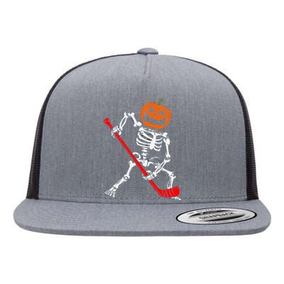 Skeleton Ice Hockey Halloween Pumpkin Hockey Flat Bill Trucker Hat