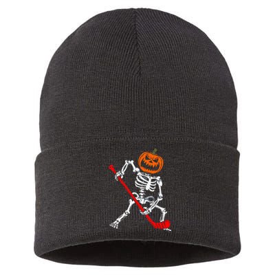 Skeleton Ice Hockey Halloween Pumpkin Hockey Sustainable Knit Beanie