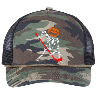 Skeleton Ice Hockey Halloween Pumpkin Hockey Retro Rope Trucker Hat Cap