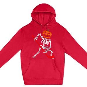 Skeleton Ice Hockey Halloween Pumpkin Hockey Premium Pullover Hoodie