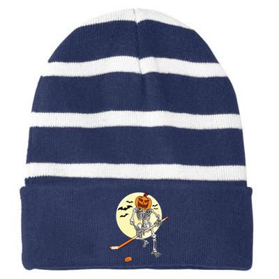 Skeleton Ice Hockey Halloween Cool Pumpkin Boy Striped Beanie with Solid Band