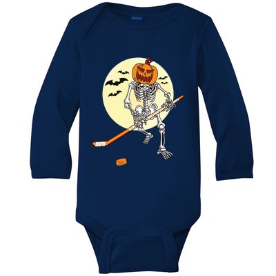 Skeleton Ice Hockey Halloween Cool Pumpkin Boy Baby Long Sleeve Bodysuit