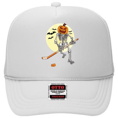 Skeleton Ice Hockey Halloween Cool Pumpkin Boy High Crown Mesh Back Trucker Hat