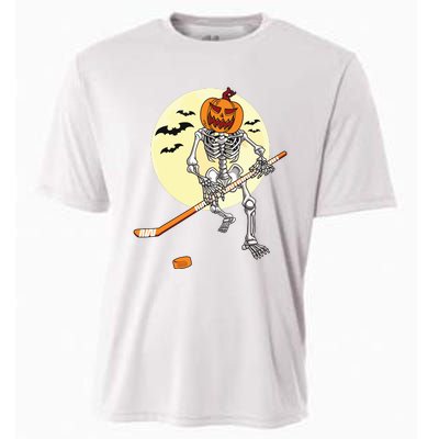 Skeleton Ice Hockey Halloween Cool Pumpkin Boy Cooling Performance Crew T-Shirt