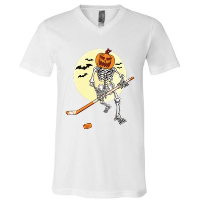 Skeleton Ice Hockey Halloween Cool Pumpkin Boy V-Neck T-Shirt