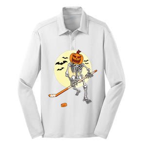 Skeleton Ice Hockey Halloween Cool Pumpkin Boy Silk Touch Performance Long Sleeve Polo