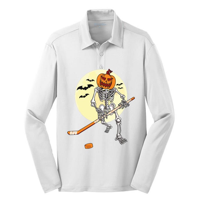 Skeleton Ice Hockey Halloween Cool Pumpkin Boy Silk Touch Performance Long Sleeve Polo